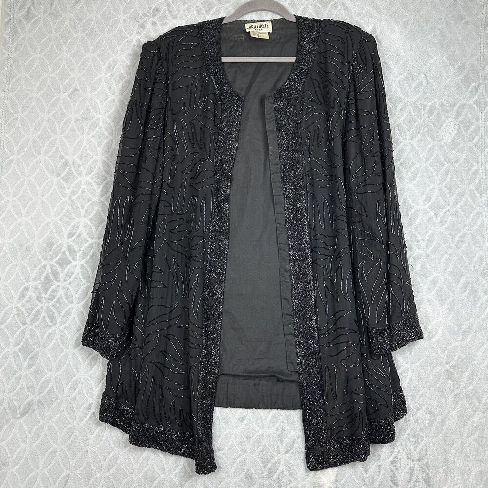 Vtg Brilliante 100% Silk Jacket Women 2X Black Beaded Party Formal Glam 80s 90s